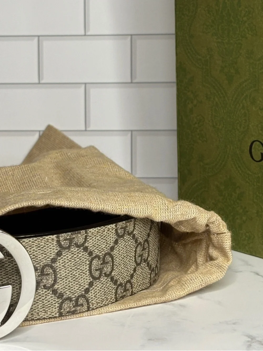 Gucci Beige GG Canvas Belt with Silver Double G Buckle